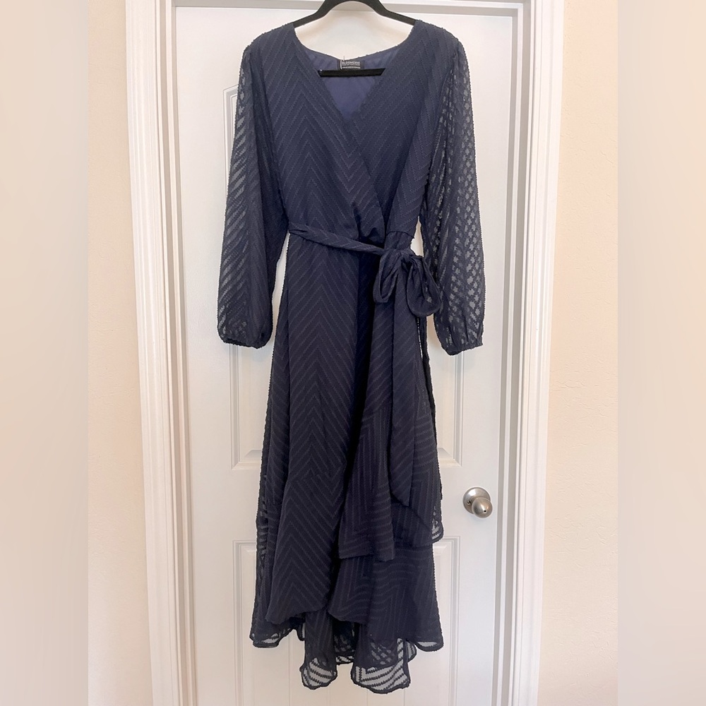 NWT BloomChic Dark Blue Belted Asymmetrical Hem Dress